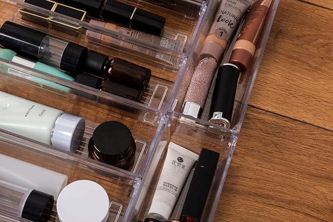 Backerysupply Clear Plastic Drawer Organizer Tray for Vanity Cabinet (9"×3"×2",Set of 8),Storage Tray for Makeup, Kitchen Utensils, Jewelries, and Gadgets
