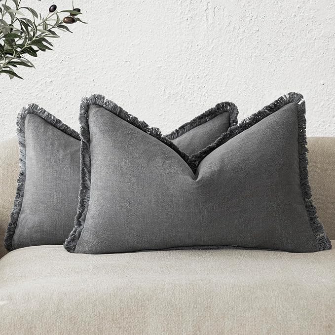 Foindtower Set of 2 Decorative Linen Fringe Throw Pillow Covers Boho Farmhouse Cushion Cover with Tassels Lumbar Accent Pillowcase for Couch Bed Sofa Living Room Home Bedroom Decor,12×24 Inch,Gray