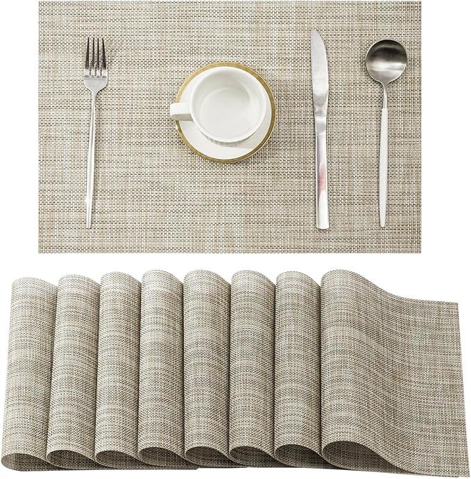 Leetaltree Linen Yellow Placemats Set of 8 - Heat Resistant Non-Slip Place mats for Dining Table, Washable Durable PVC Vinyl Woven Table Mats(Linen Yellow, 8)