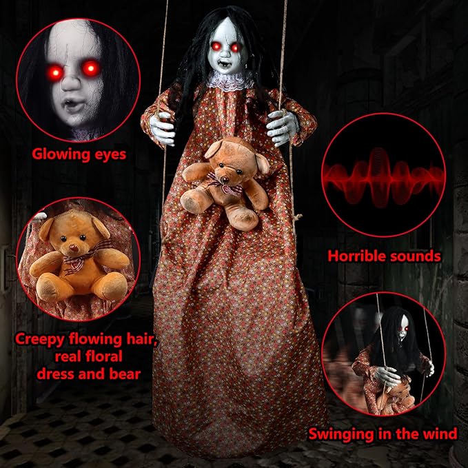 3.75 Ft Scary Halloween Decorations Outdoor, Halloween Hanging Swinging Girl with Sound & Touch Activated/Creepy Sound/Light Up Eyes/Scary Expression, Halloween Decor Props for Indoor Outside