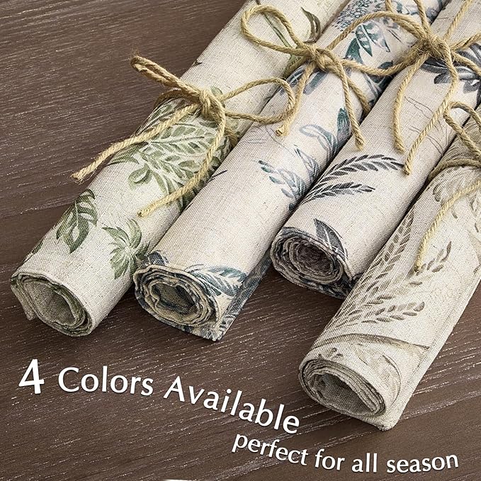 JINCHAN Linen Floral Fall Placemats Set of 4 Cloth Table Mats Rustic Cottagecore Jacobean Outdoor Seasonal for Kitchen Dining Table Decor Non-Slip Washable Tablemats 13x19 Inch Green