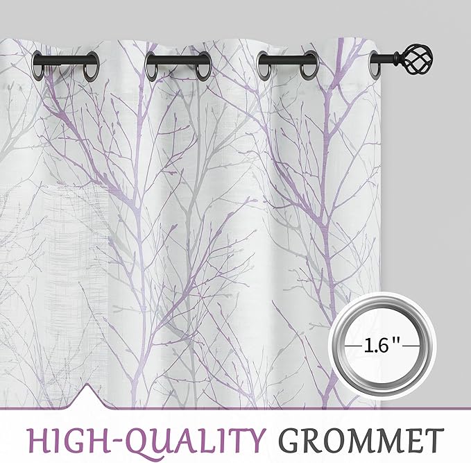 FMFUNCTEX Linen Semi Sheer Curtains for Bedroom, Lilac White Curtains 63 Inches Long for Living Room, Grey Tree Branch Patterned Curtain Light Filtering Farmhouse Window Drapes, Grommet Top 2 Panels