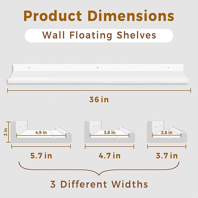Annecy Floating Shelves Set of 3, 36 Inch White Rustic Wood Shelves for Wall, Wall Storage Shelves with Guardrail Design for Bedroom, Bathroom, Kitchen, Office, 3 Different Sizes