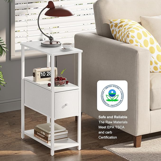 TUTOTAK Set of 2 Small Narrow End Table, Side Table, Nightstand with Cloth Drawer, Couch Table, for Living Room, Bedroom, Bedside, White TB01BW057