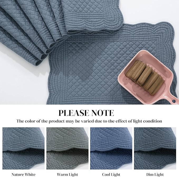 HOMBYS Quilted Placemats Set of 6 Washable-13x18 inches Rectangular Placemats for Kitchen Table-100% Cotton Fabric Rectangular Table Mats, (Blue)