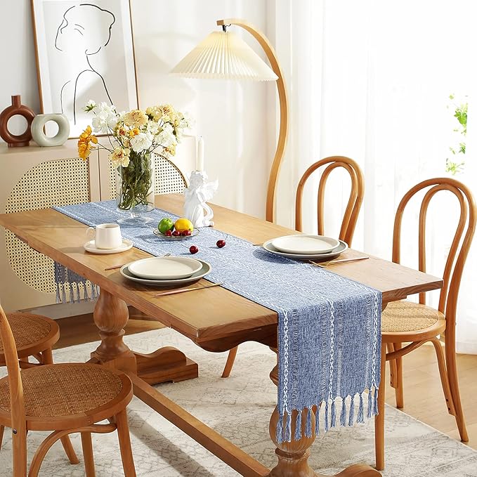 Rustic Farmhouse Style Linen Table Runner, Boho Handmade Tassel Hemstitched Embroidered Small Table Runners 48 Inches Long for Holiday Party, Dresser and Dining Decorations, 13 x 48 inch - Blue