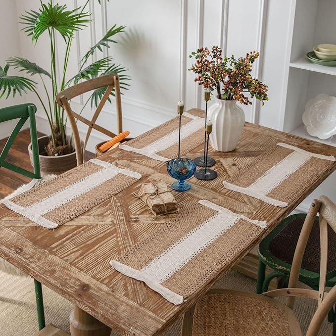Boho Placemats Set of 4, Burlap Place Mats for Kitchen Table 12x19 Inches, Splicing Woven Rectangular Table Mats, Farmhouse Style Table Decor for Rustic Wedding Bridal Shower