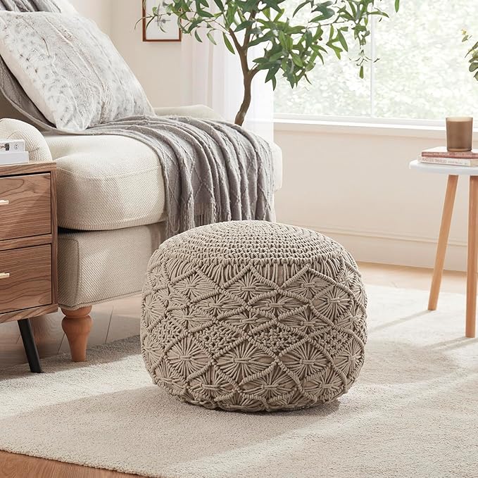 Ornavo Home Pouf Ottoman Foot Rest - 100% Cotton Pouffe - Hand Knitted Macrame Braid - Boho Round Stuffed Ottoman for Living Room, Bedroom - Beige