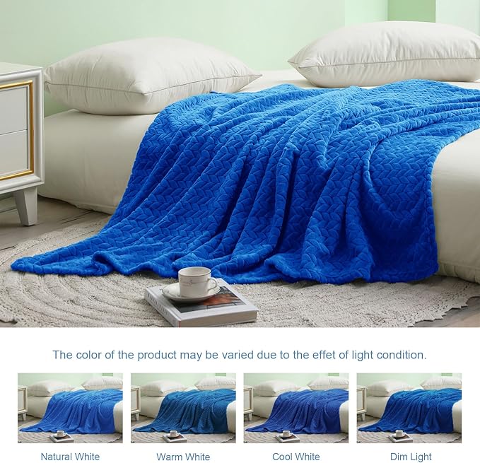 Exclusivo Mezcla Cobalt Blue Fleece Throw Blanket for Couch and Bed, 50x70 Inches Soft Cozy Jacquard Flannel Blankets, Lightweight Fuzzy Plush Warm Throws for All Seasons