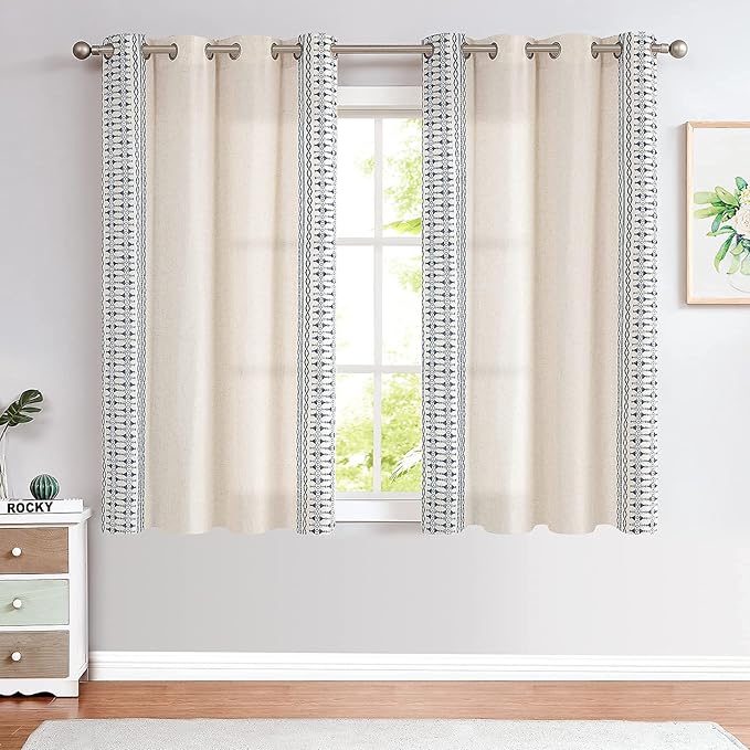 Lazzzy Blue Boho Linen Blend Curtains 63 Inch Long for Bedroom, Living Room, Bohemian Embroidered Light Filtering Window Drapes, Grommet Window Treatment, Set of 2 Panels, Blue on Beige