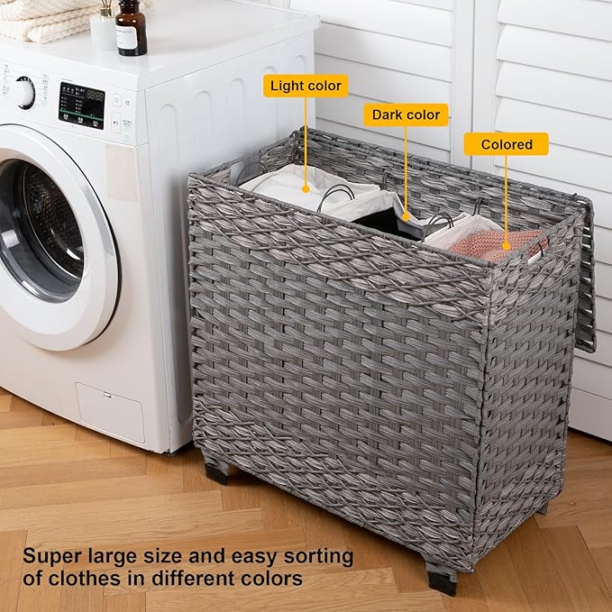 OIAHOMY Laundry Hamper with Lid, 140L Synthetic Rattan Clothes Hamper with Handles, Handwoven Large Laundry Basket with 3 Removable Liner Bags, Foldable, Laundry Room, 27*13*26 Inches, Gradient Grey
