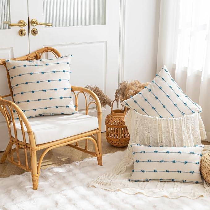 Boho Throw Pillow Covers 18x18 Set of 2 Modern Farmhouse Decorative Cushion Case Tufted Linen Square Pillows Cover Neutral Pillow Cases Accent Pillowcase for Sofa,Couch,Bed,Beige and Blue