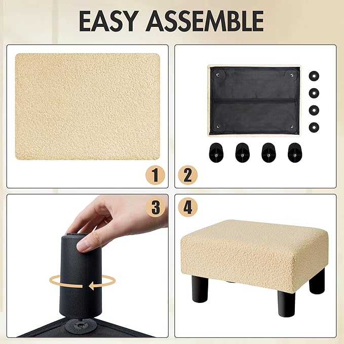 BRIAN & DANY Small Foot Stool Ottoman, Footstool with Legs, Teddy Velvet Foot Rest for Living Room, Bedroom and Office, Beige