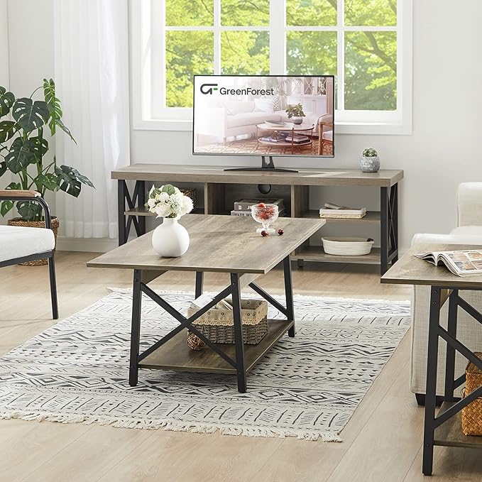 GreenForest Coffee Table with Storage, 43 inch Large Modern Coffee Tables for Living Room, X-Frame Design Farmhouse Coffee Table Space Saving Living Room Tables, Easy Assembly, Grey Wash