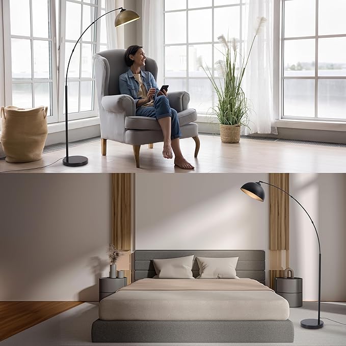 O'Bright Moab - Modern Arc Floor Lamp with Adjustable Dome Shade, Marble Base, and Foot Pedal Switch, 64 Inch - Ideal for Living Room, Bedroom, Office, Black