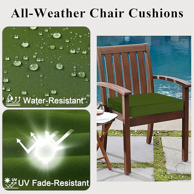 Outdoor Chair Cushions Set of 2 for Patio Furniture 24x24x4 Inch Waterproof Patio Chair Cushion 3 Year Color Fastness Square Elastic Foam Garden Couch Pads with Ties and Handle,Green