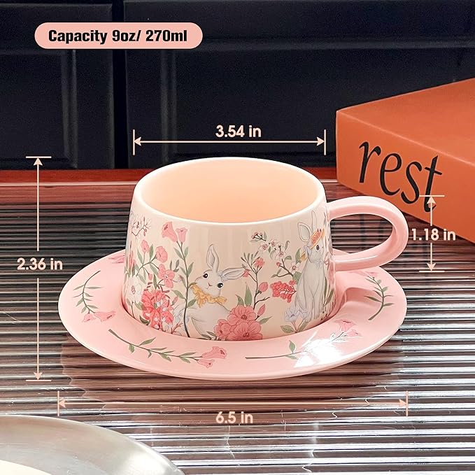 Cute Ceramic Coffee Mug with Saucer Set, 9oz Rabbit Pink Tea Cup with Floral Design, Latte Art Mugs for Coffee Tea Hot Chocolate, Gift for Women, Mom, Friend, Mothers Day Gifts