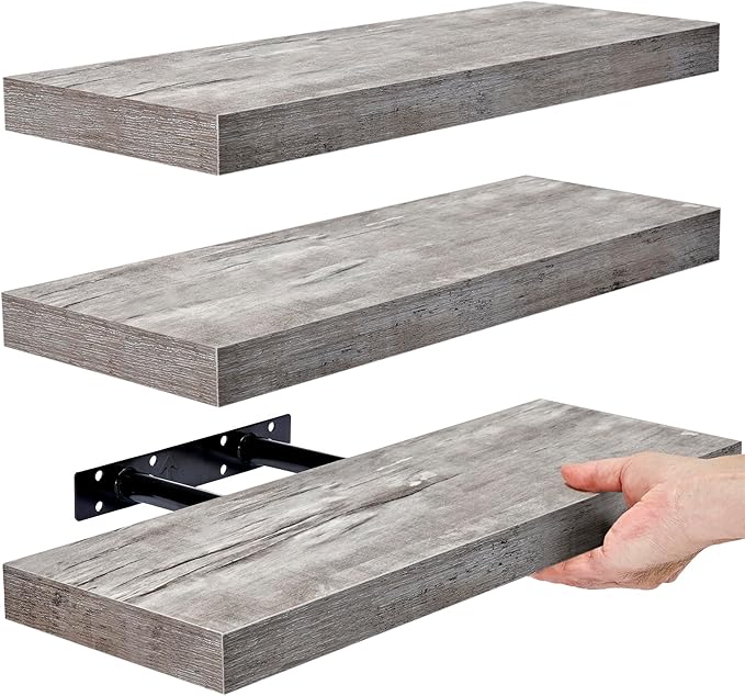 Sorbus Floating Shelves for Wall, Bathroom Shelves Wall Mounted for Kitchen, Bedroom, Bathroom Storage Over Toilet, Hanging Book Shelf for Wall Home Decor Living Room (Grey, 3 Pack)