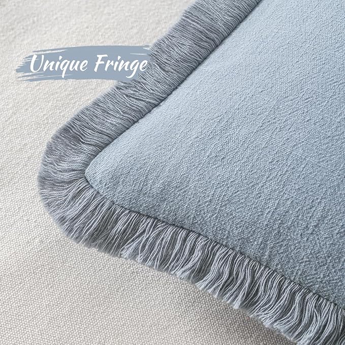 MIULEE Decorative Throw Pillow Covers Neutral Linen Fringe Throw Pillows Set of 2 Light Blue Boho Farmhouse Cushion Covers with Tassels for Couch Sofa Bed Living Room Spring Home Decor 20x20 Inch