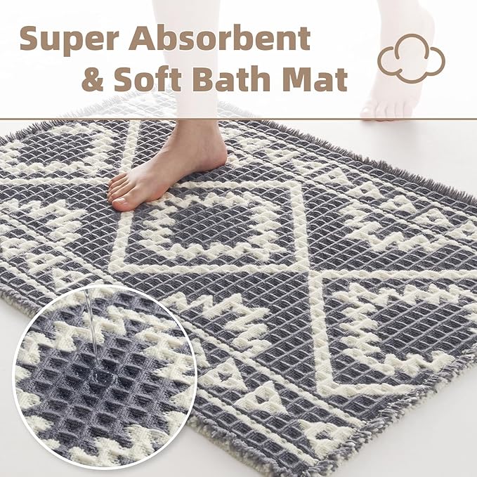 PADOOR-Waffle Bath Mat 24"x36"-Super Absorbent Bath Mats for Bathroom, Machine Washable Non Slip Bathroom Rug with Tassels, Soft Bathroom Mat for Laundry Room, Bedroom, Grey & Cream, 2'x 3'