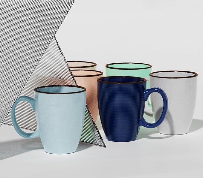 Set of 6 12oz Designer Ribbed Style Colorful Ceramic Coffee Mugs, Coffee Cups Gift Set for Coffee, Tea, Cocoa and More. Dishwasher and Microwave Safe.