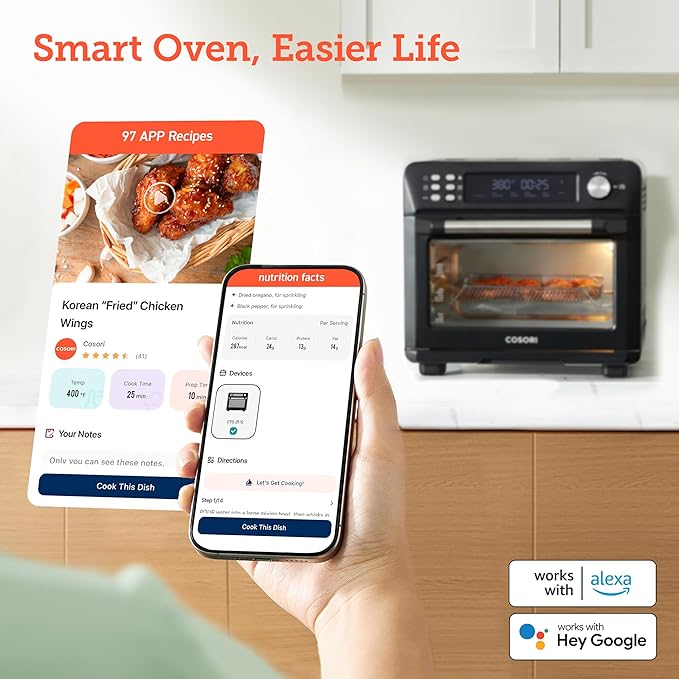 COSORI Smart 11-in-1 Air Fryer Toaster Oven Combo, Airfryer Convection Oven Countertop, Bake, Roast, Reheat, Broil, Dehydrate, 94 Recipes & 3 Accessories, 26QT, Black, Stainless Steel