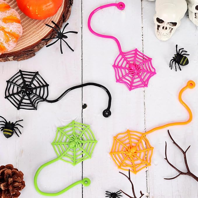 24 PCS Sticky Spider Web for Kids, 7.5 Inches Cobweb Sticky Hand Toys, Halloween Spider Party Favors for Goodie Bag Stuffers, Birthday, Classroom Prizes Supplies (4 Colors)