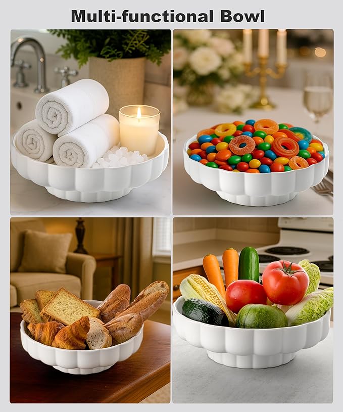 Nucookery Ceramic Petal Fruit Bowl for Kitchen Counter, 11 Inch Modern Decorative Bowl, Elegant Fruit & Vegetable Storage Container, Large Bread Basket, White
