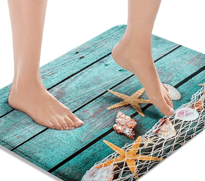 Britimes Bath Mat for Bathroom, Beach Seashells Starfish Sand Washable Cover Floor Rug Carpets Floor Mat Bathroom Decorations 20x32 Inches for Kitchen Bedroom Indoor