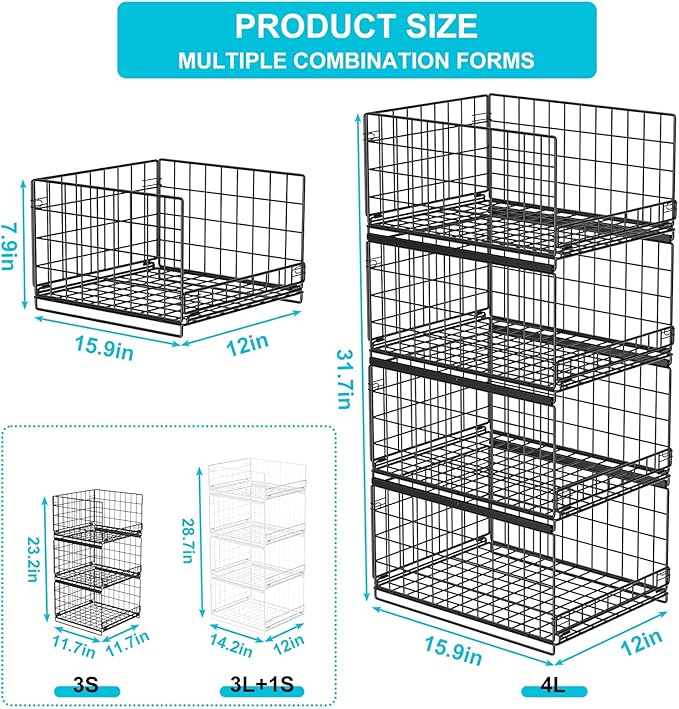 4-tier Sliding Closet Organizers and Drawer Storage Shelves, Stackable Bins for Jean Pants Sweaters, Metal Drawer Slid Clothes Storage Container, Closet Organizers for Clothes-Black