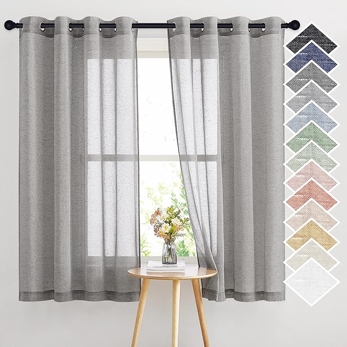 NICETOWN Sheer Curtains Open Linen Blend for Window Decor, Grommet Natural Linen Flax Window Treatment Privacy with Light Filter Vertical Drapes for Bedroom, Charcoal Grey, W52 x L63, 2 Panels