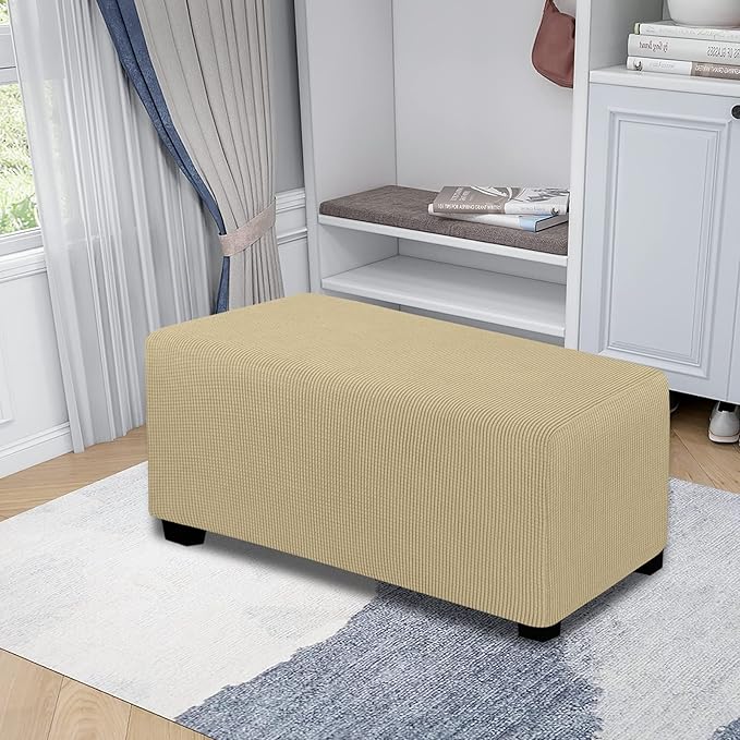 Easy-Going Stretch Ottoman Cover Folding Storage Stool Furniture Protector Soft Rectangle slipcover with Elastic Bottom(Ottoman Large,Beige)