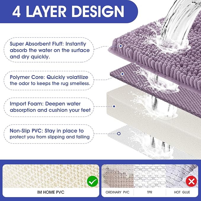 ACCUMTEK Striped Lavender Bathroom Rug Set 3 Pieces Ultra Soft, Non Slip Chenille Toilet Mat, Absorbent Plush Shaggy Bath Mats for Bathroom, Bedroom, Kitchen, Mauve