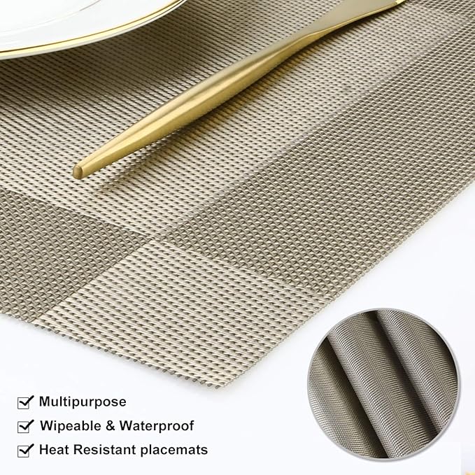 DACHUI Placemats, Heat-Resistant Placemats Stain Resistant Anti-Skid Washable PVC Table Mats Woven Vinyl (6pcs, Coffee-Cross)
