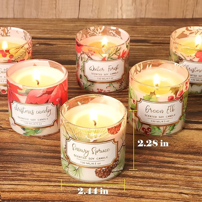 Christmas Scented Pillar Candles, Glass Jar Candles with Wood Lids, 4.5 Oz Natural Soy Wax Candle, Aromatherapy Candles for Home Scented, Candle Gift, SPA, Set of 6
