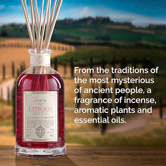 Logevy Firenze 1965 L’Etrusco Antico – The Ancient Etruscan Luxury Home Fragrance Diffuser from Master Perfumer with Spicy & Woody Notes in Elegant Glass Bottle with 10 Natural Bamboo Reeds – 250ml