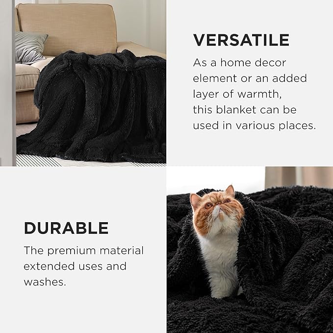 Bedsure Fluffy Black Throw Blanket Gifts for Women, Men, Soft Fleece Cozy Fuzzy Sherpa Plush Warm Minky Thick Faux Fur Throws for Couch, Bed, Black Decor House Blanket Gifts for Mom Dad, 50x60