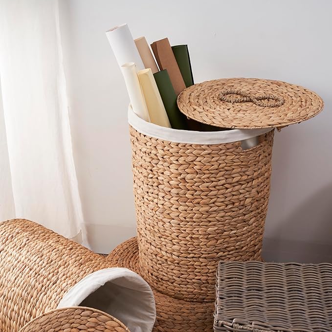Round Woven Wicker Laundry Hamper with Lid - Large Water Hyacinth Storage Wicker (Natural Brown, 18x18x23 in)