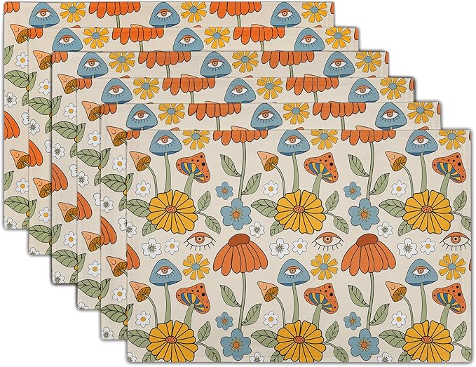 Retro Boho Floral Placemats Set of 6 70s Vintage Cute Abstract Mushrooms Fun Linen Washable Kitchen Dining Table Mats Stain Heat-Resistant Desktop Decor Place Mats for Home Party Dinner 12x18 in…