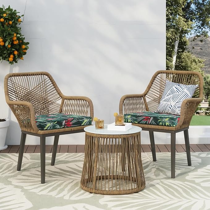 Favoyard Outdoor Chair Cushion 24 x 24 x 4 In Waterproof Pattern Fade Resistant Cushions for Patio Furniture with Removable Cover Attach Straps 28D Foam Insert Cushions Pads for Seat Sofa Couch 2 Pack