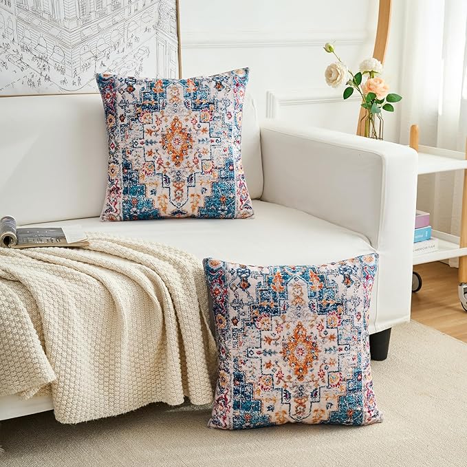 Boho Throw Pillow Covers 22x22 inch Set of 2,Boho Vintage Carpet Pattern Antique Ethnic Decor Double Sided Pattern Cushion Cover Soft Pillow Case Living Sofa Room Bed Square Pillow Cover