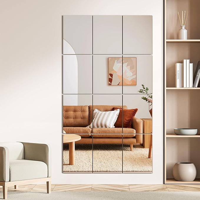 Wall Mirror Tiles, 16"x12"x12PCS Full Length Home Gym Mirror for Garage, Bedroom, Living Room, Over The Door