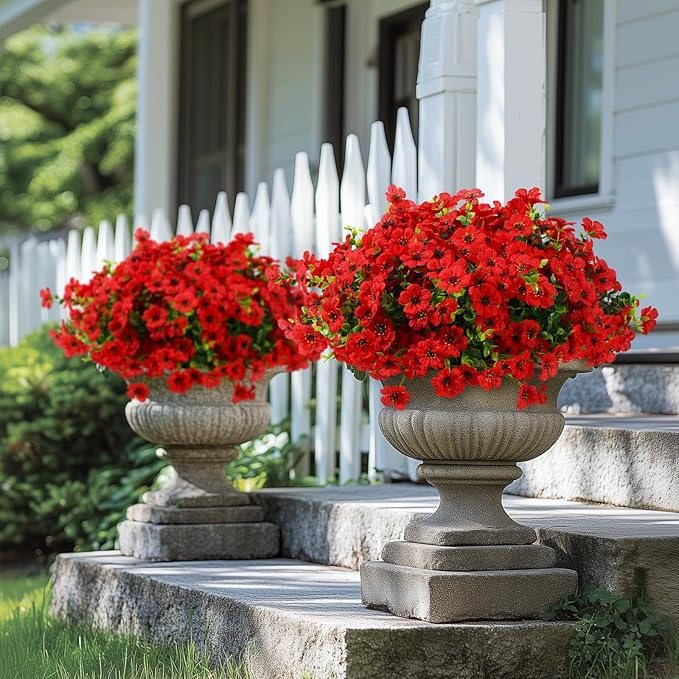 24 Bundles Artificial Flowers for Outdoors Decoration, UV Resistant Silk Violet Faux Colorful Daisy Eucalyptus Spring Fake Plants for Outside Indoor Yard Home Patio Porch Decor, Red