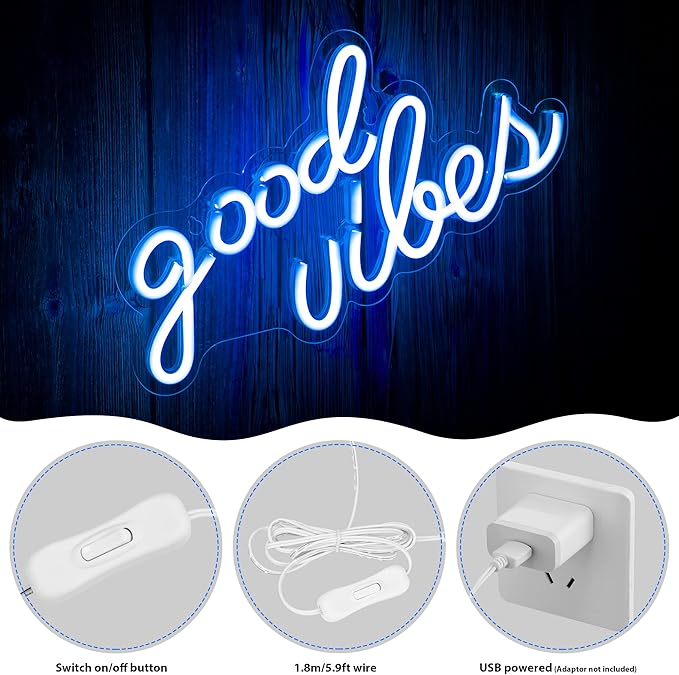 Blue Good Vibes Neon Sign - LED Neon Signs for Wall Decor, Neon Lights for Bedroom, Neon Wall Signs (16.1 x 8.3 inch)