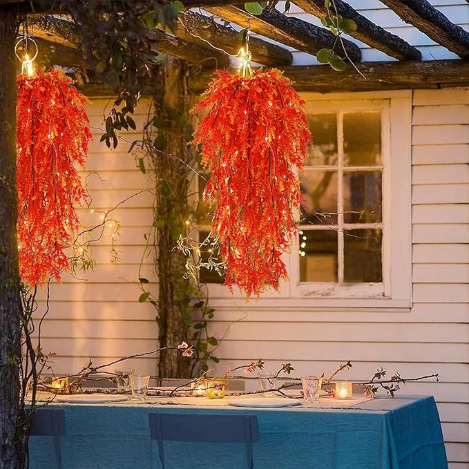 RECUTMS Fall Flowers Faux Hanging Plants Artificial Autumn Fake with Lights for Thanksgiving Indoor Outdoor Wedding Garden (Gold 2)