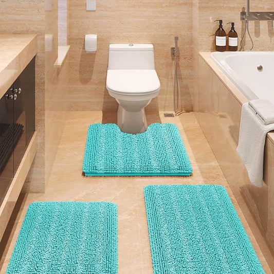 ACCUMTEK Striped Teal Green Bathroom Rug Set 3 Pieces Ultra Soft, Non Slip Chenille Toilet Mat, Absorbent Plush Shaggy Bath Mats for Bathroom, Bedroom, Kitchen, Turquoise