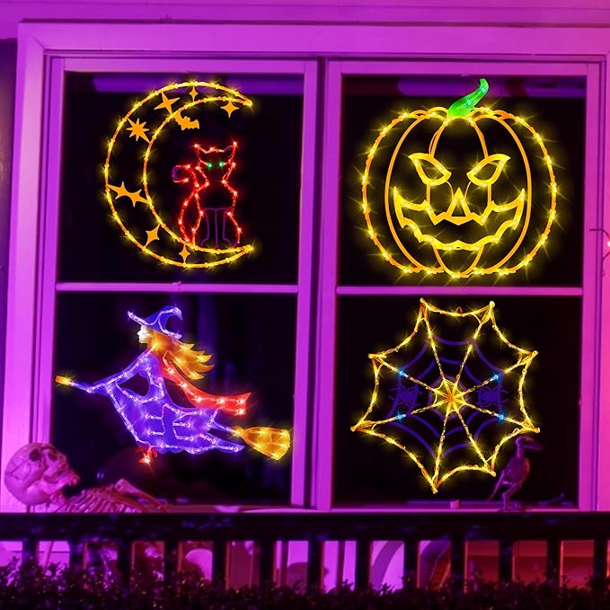 Halloween Decorations - 16" Halloween Window Silhouette Lights - 4 Pack Colour Lighted Cat on Moon & Witch & Pumpkin & Spider Web for Holiday Indoor and Outdoor Wall Door Window Decorate
