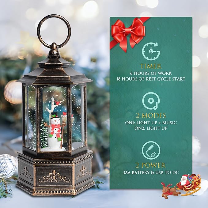 Christmas Snow Globes, 9.37" Snowman Glitter Water Lantern with 8 Songs, 6H Timer Battery & USB Powered Music Box for Christmas Decorations Indoor