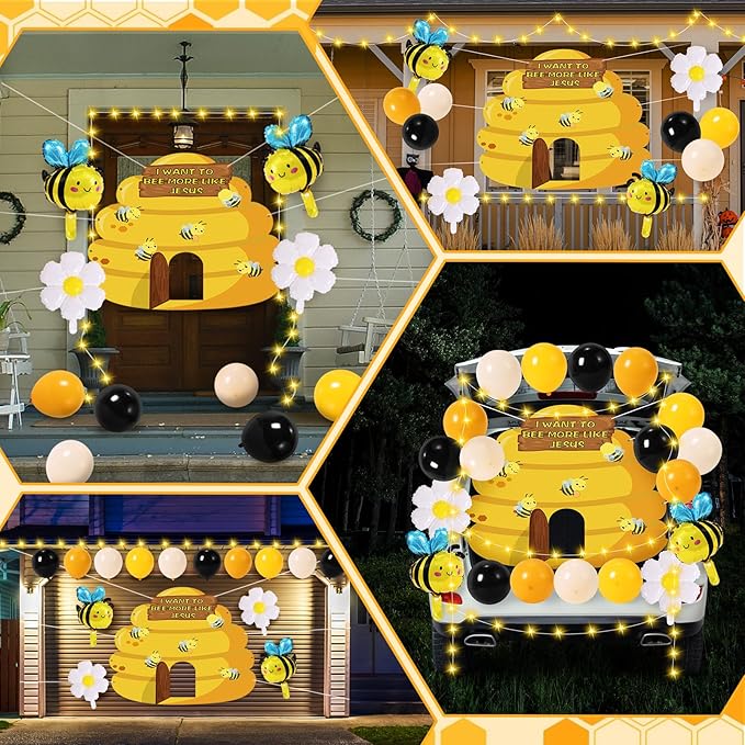 Halloween Trunk or Treat Car Decorations Kit - Halloween Car Decor with Bee Theme Banner, Balloons, Yellow String Lights, Halloweens Outdoor Decorations for Cars SUV Garage Door Entryway Archway
