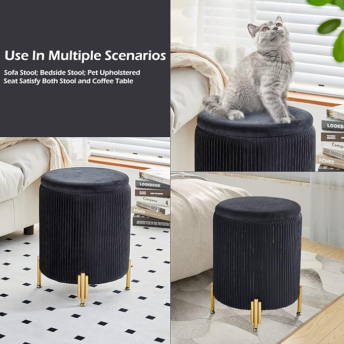 Mxfurhawa Round Ottoman Foot Stool with Storage and Metal Legs for Living Room Bedroom, Velvet Upholstered Footrest Stool Support 300lbs Modern Padded Seat Ottoman Coffee Table (Black)